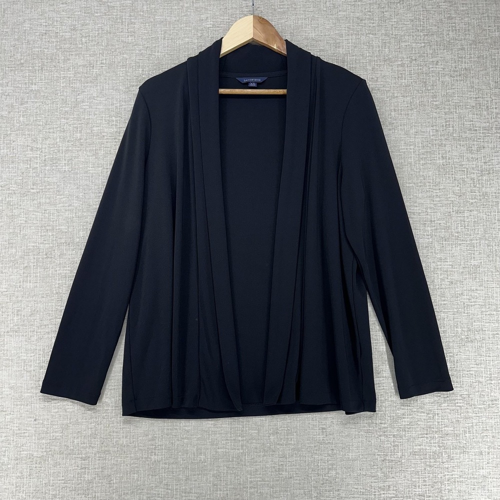 Lands' End Cardigan Sweater Womens L/P 14-16 Black Open Front Long‎ Sleeve Knit